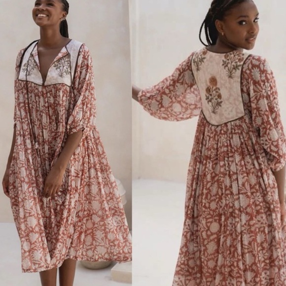 Daughters of India Dresses & Skirts - Daughters of India Diya Floral Midi Dress in Chestnut